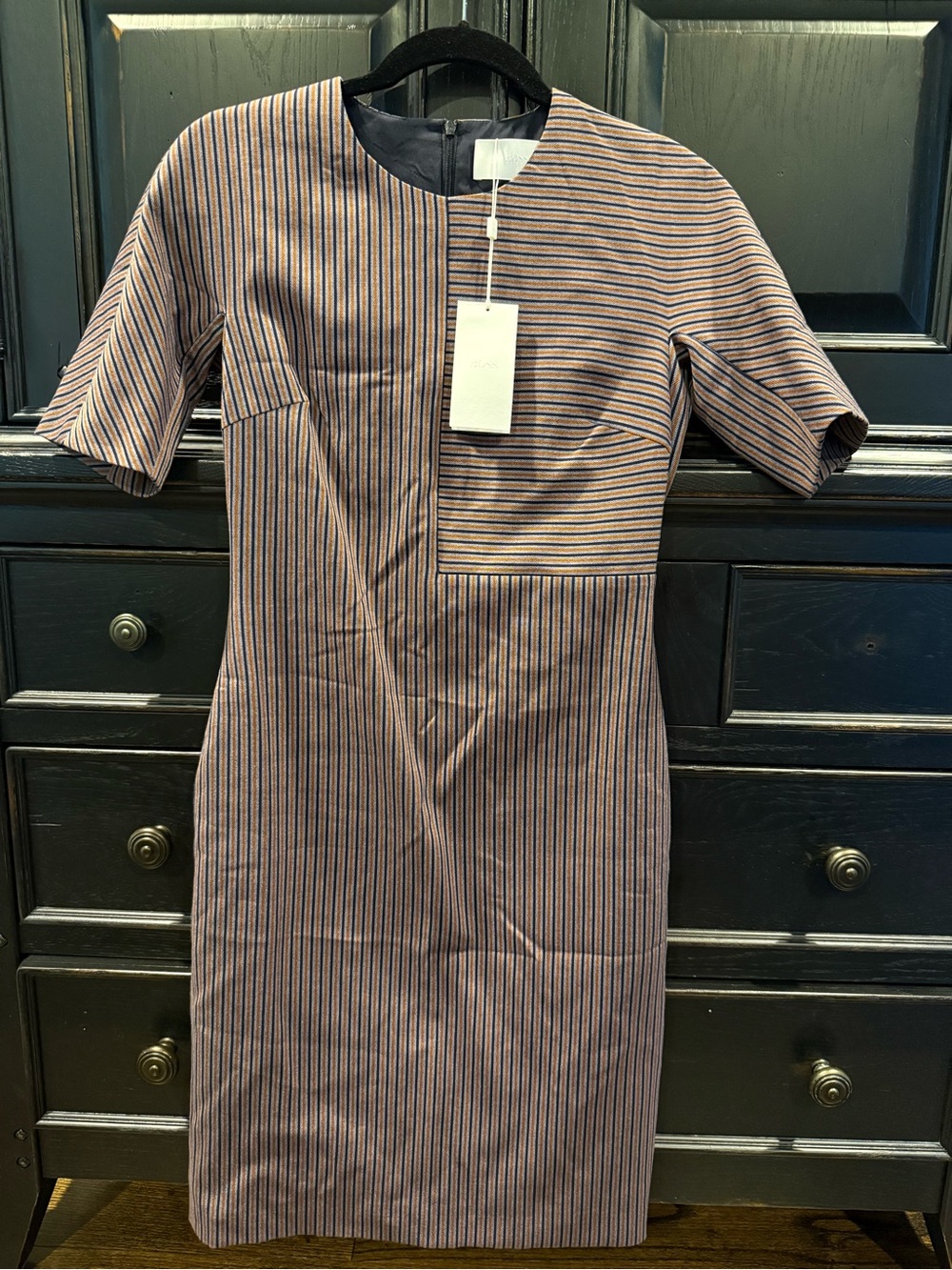 Boss Striped Midi Sheath Dress in Navy and Taupe